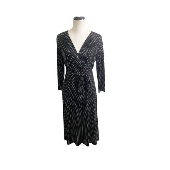 Talbots Dresses & Skirts - Talbots Black White Polka Dot Jersey Wrap Midi Dress Belted Size 4 Office Career